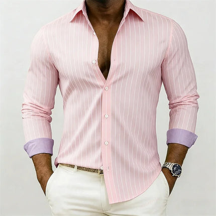 New men's striped shirt, outdoor street style, business casual, lapel collar, long sleeves, versatile and fashionable men's top.
