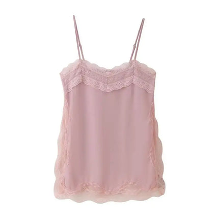Women Lace Patchwork Sling Top Sexy V-neck Sleeveless Side Split Solid Color Vest 2025 New Summer Lady Party Vacation Tops