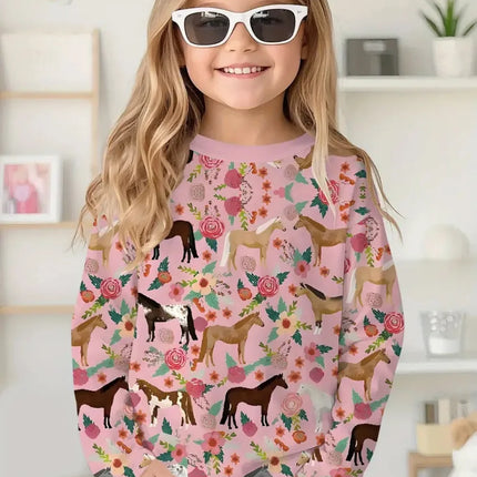 Girl Clothes Fashion Horse 3D Print Kids Long Sleeves T-Shirt Loose Casual Autumn Tops Outdoor Comfortable Children's Clothing