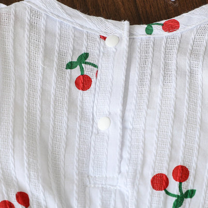2Pcs Spring&AutumToddler Baby Girls Fly Sleeve Rompers Infant Cherry Embroidery Bodysuits Cotton Jumpsuits 0-18 M +Headband
