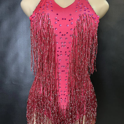 Sparkly Rhinestones Fringe Bodysuit WomenVightclub Party Dance Costume Stage Wear SexyTassel Leotard Performance Clothing G7
