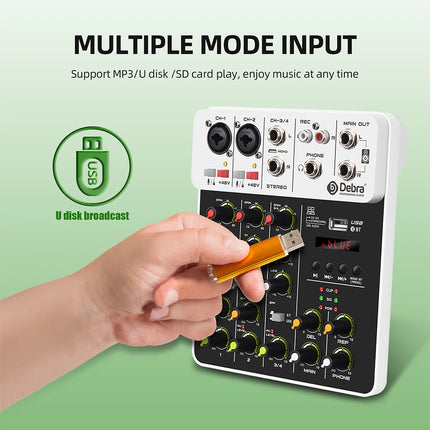 Debra NEW V4 Audio Mixing Console Bluetooth USB Record PC 48V Phantom Power Delay Repaeat Effect 4 Channels USB Audio Mixer.