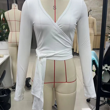 Women Sexy Wrap Crop Tops Tees Long Sleeve Deep V Neck Tie Workout Ballet Pilates Yoga T-Shirts with Thumb Holes Cropped Tops