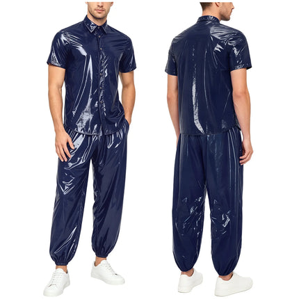 Men Glossy Waterproof Shirt Pants Raincoat Windbreaker for Camping Fishing Hiking Cycling Climbing Yoga Sauna Hip Hop Dance