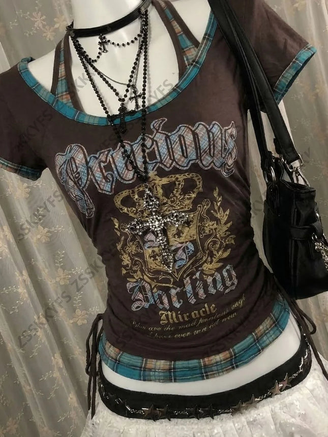 Himekaji T shirts Y2k Women Letter Gothic Streetwear Harajuku Punk 90s Clothes Japanese Girl Short-sleeved Tees Kawaii Crop Tops
