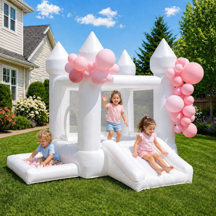 (Come with blower) 9x9x7ft Inflatable White Bounce Castle with Slide & Ball Pit For kids High‑Quality Oxford for Indoor and Outdoor Family at Birthdays and Celebration