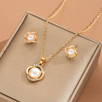 Korea New Hot Sale Peach Heart Pendant Earrings Necklace Rings Light Luxury Design Three-Piece Sets Trend Party Jewelry Gift Sets