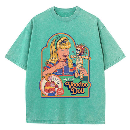 Voodoo Doll Print Women Distress T Shirt Summer Breathable Wash Tshirt Street Fashion Tees Clothing Casual Sport Cool T-Shirts
