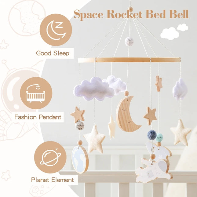 Crib Mobile Holder Rattles Toys Wooden Moon Stars Astronaut Bed Bell Toys Newborn Wooden Mobile Bed Music Toy Holder Bracket Bed