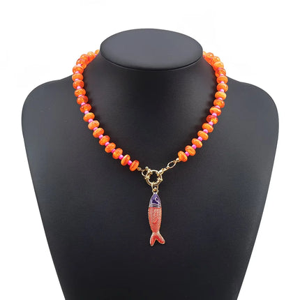 Bohemian Colorful Resin Beaded Necklace for Women Vacation Style Enameled Small Fish Collarbone Accessory