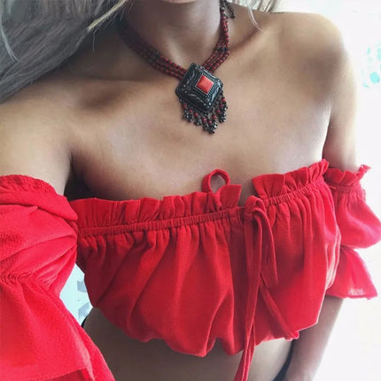 Women's Crop Tops 2024 Summer Lantern Sleeve Sexy Strapless Beach Tops Plus Size Red Black White Ruched Crop Top