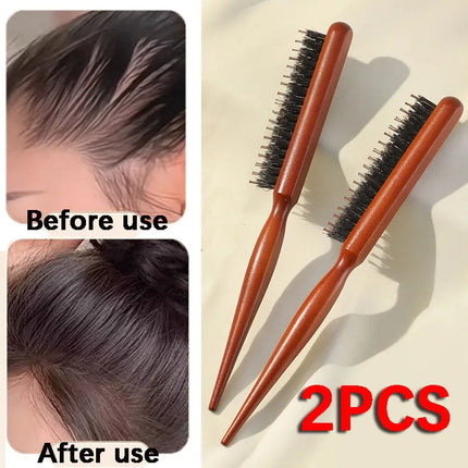 Professional Curly Hair Comb Wooden Handle Pig Bristle Sharp Tail for Fluffy Texture Salon Styling Black Women's Hair Wigs Care