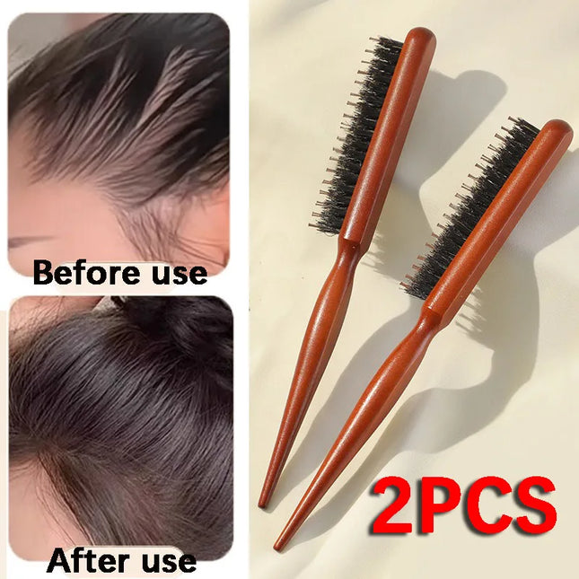 Professional Curly Hair Comb Wooden Handle Pig Bristle Sharp Tail for Fluffy Texture Salon Styling Black Women's Hair Wigs Care