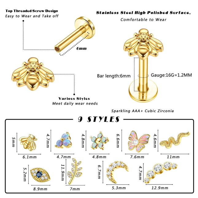 Drperfect 16G Cartilage Earrings Stud for Women Stainless Steel Flat Back Butterfly Moon Flower Helix Tragus Piercing Jewelry