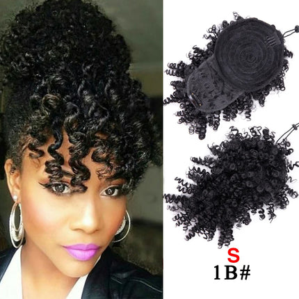 Leeons New Synthetic Afro Kinky Curly Hair Bangs Puff Hair Bun Drawstring Ponytails Clip On Hair Extension Updo Pineapple Fringe