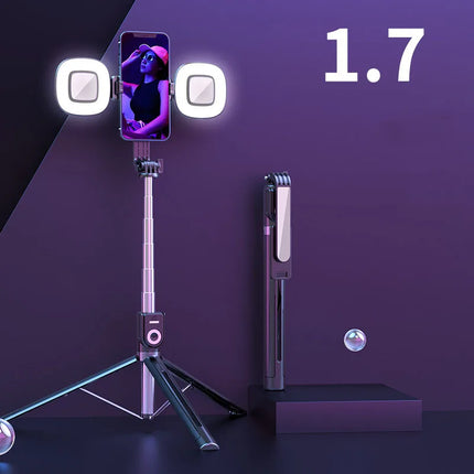 4 in 1 Phone Mount 1.7m Extendable live Tripod Selfie Stick Support LED Ring Dual Light Mirror Stand for iPhone 15 14 11 Android