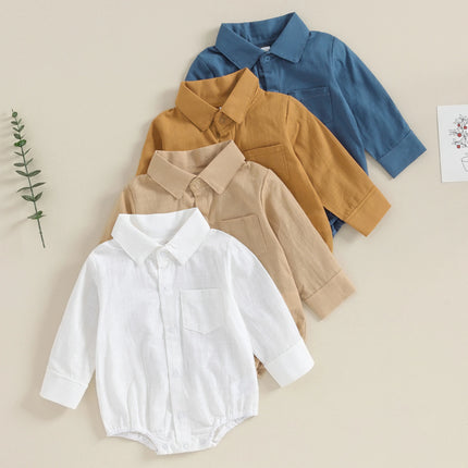 Pudcoco Infant Baby Boy Gentleman Romper Solid Color Long-Sleeved Lapel Front Button Jumpsuit with Pocket Toddler Clothes 0-24M