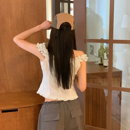 Korean Sle ort Striped Vest Women Summer Outerwear Subtle Design Single Button Lobone Trendy Age-Defng Top