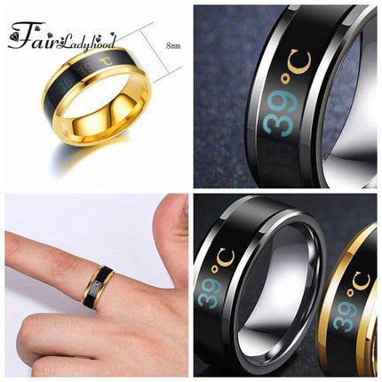 FairLadyHood Black Silver Color Gold Rose Blue Color Intelligent Thermometer Temperature Men Women 316L Stainless Steel Couple