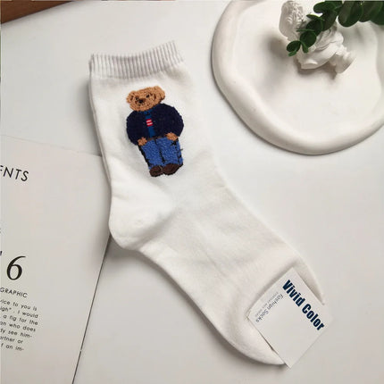 Cute Trendy Cartoon Bear Mid-Calf Cotton Socks for Women Casual Sweater Adult Female Bear Socks Comfortable Breathable Home Wear