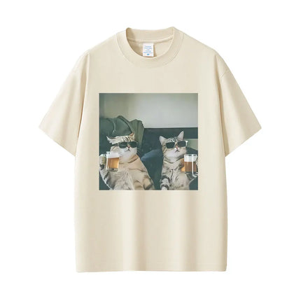 Cool Cat Drinking Beer Funny Meme T-shirt Women Casual Vintage Short Sleeve T Shirt Women Fashion Crewneck T-shirts
