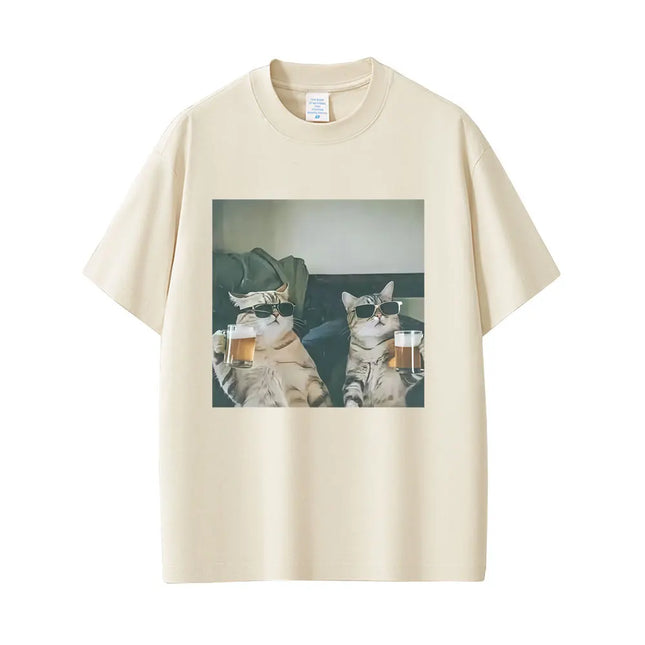 Cool Cat Drinking Beer Funny Meme T-shirt Women Casual Vintage Short Sleeve T Shirt Women Fashion Crewneck T-shirts