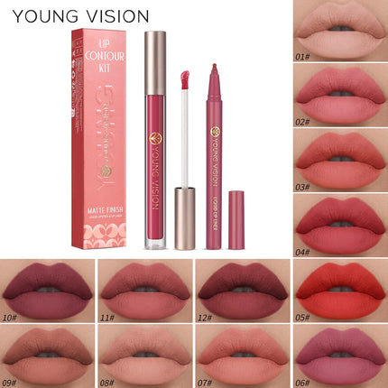 YOUNG VISION Lip Glaze + Lip Liner set liquid Lip Liner Waterproof non-stick cup Moisturizing easy color 12 color lip gloss