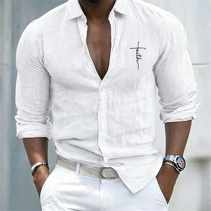 Men's Casual Linen-Like Shirt, 'Faith' Print, Roll-Up Long Sleeve, Button Down, Loose Fit, Beach & Daily Tops