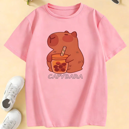 Girls' Trendy Capybara Letter Print Design T Shirts Kids Children's T-shirt Boys Girls Summer Spring Casual Top Tee