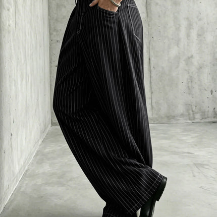 Vintage Pinstripe Mens Oversized Barrel Banana Wide Leg Trousers Anti-Wrinkle Baggy Loose Striped Pants Polyester Spandex Blend