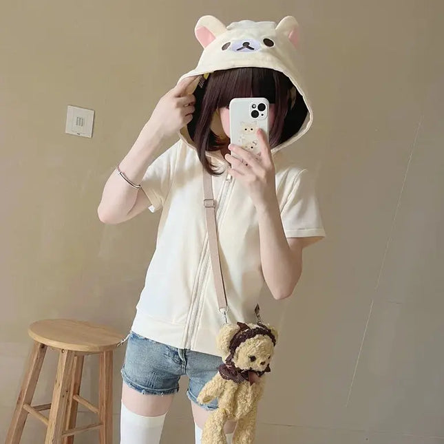 Japanese Cute Core Bear Ears Subculture Slim Fit Zip Up Hoodie Spring Summer New Sweet Girl Sweatshirts Cardigan Jacket Y2k Top
