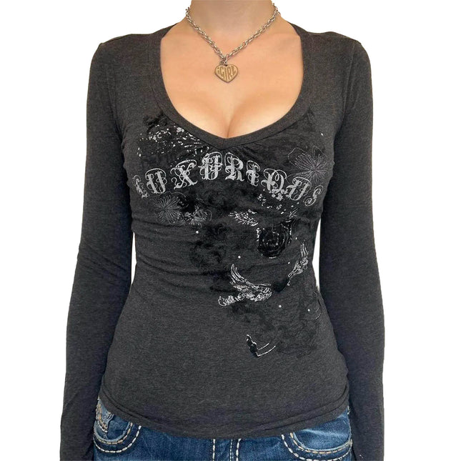 Women Spring Autumn Tops Long Sleeve V Neck Slim fit T-shirt y2K Clothes Gothic Graphic Print Shirts Streetwear