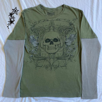 90s Vintage Cross Skull Print Tee Mall Goth Graphic Long Sleeve Patchwork T-Shirt Harajuku Retro Y2K Crop Top Women Streetwear