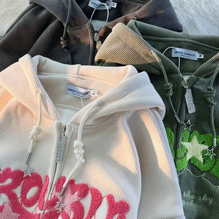 Vintage Streetwear Zip Up Tops Oversized Star Graphics Print Hoodies 2024 Women American Retro Graphic Hooded Sweatshirts