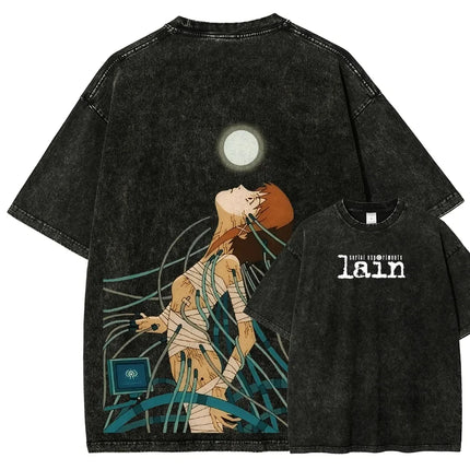 Classic Retro Anime Serial Experiments Lain Graphic Print T-shirt Loose Casual Oversize Vintage Washed Cotton Tee Streetwear Top