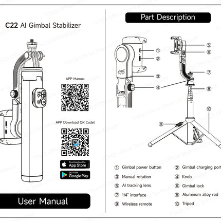 C22 AI Face Tracking Handheld Gimbal Stabiliser 360° Rotation Shoot Selfie Stick Tripod for Mobile Phone, 1/4'' Screw for Camera