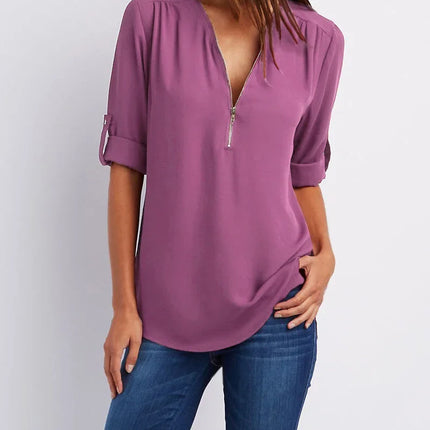 2025 Hot Sale Women Cool Loose Shirt Deep V Neck Chiffon Fashion Blouse Casual Ladies Tops Sexy Zipper Pullover Plus Size