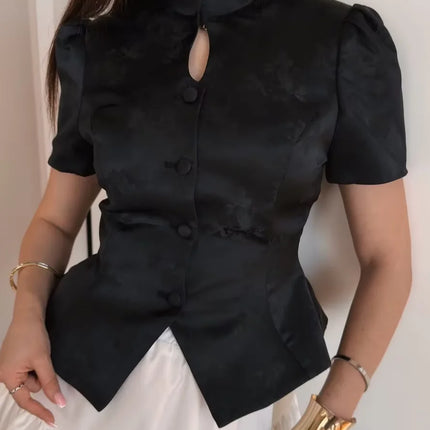 Solid Color Jacquard Glossy Satin Tops Women Chic Stand Collar Single Breasted Slim Fit Split Hem T-shirts Lady Daily Wear New