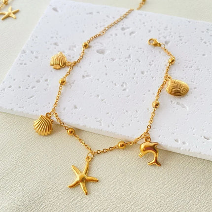 1 Pcs Fashion Stainless Steel Anklet Starfish Dolphin Scallop Tropical Fish Pendant Ocean Style Anklet