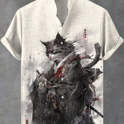 Men's Edo Cat Samurai Warrior Japanese Art Anime Shirts 3D Print Casual Hawaiian Shirts Summer Men Women Short Sleeve Blouse Top