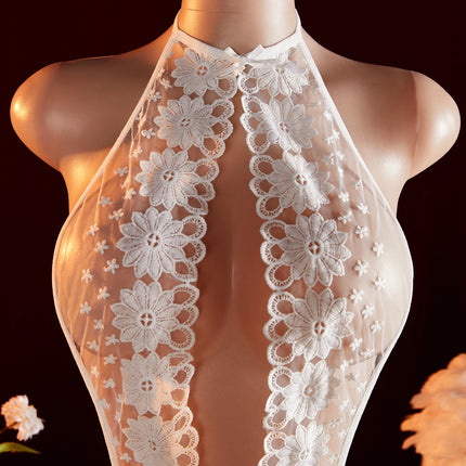 Erotic Halter Crotchless Sexy Hollow Bra Women's Underwear Embroidery Floral Transparent Thongs Lingerie Bodysuit Costume White