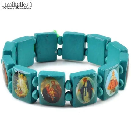 Wooden Rosary Jesus Bracelet Elastic Coloured Beads Catholic Bangle Picture Of Religious Saints Holy Gods Devotion Bracelet