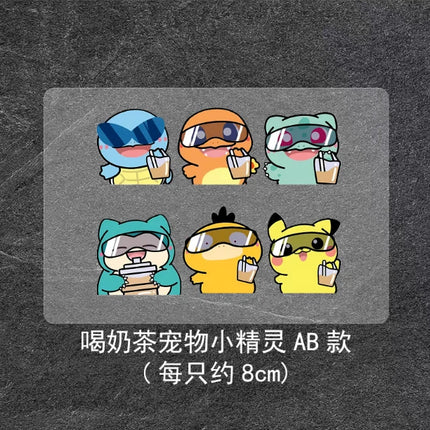 8cm Pokémon car sticker, cute cartoon Pokémon drinking milk tea, personalized electric vehicle sticker, luggage sticker