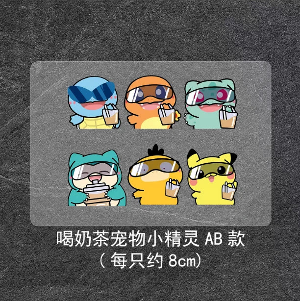 8cm Pokémon car sticker, cute cartoon Pokémon drinking bubble tea, custom electric vehicle sticker, luggage sticker
