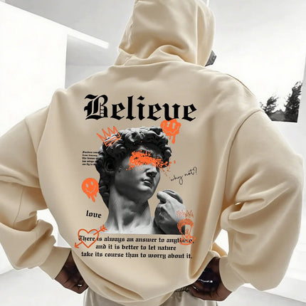 Unisex Street Pullover Hoodie Front Back Dual Print David Statue Graffiti Smiley Text Graphic 2026 Spring Clean Fit Y2K Viral