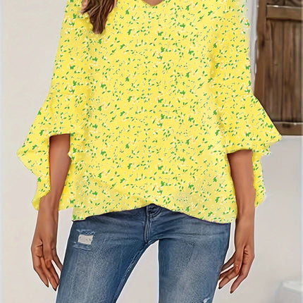 Plus Size Floral Ruffle Sleeve Top Women's V-Neck Boho Blouse Summer Beach Shirt Free Shipping