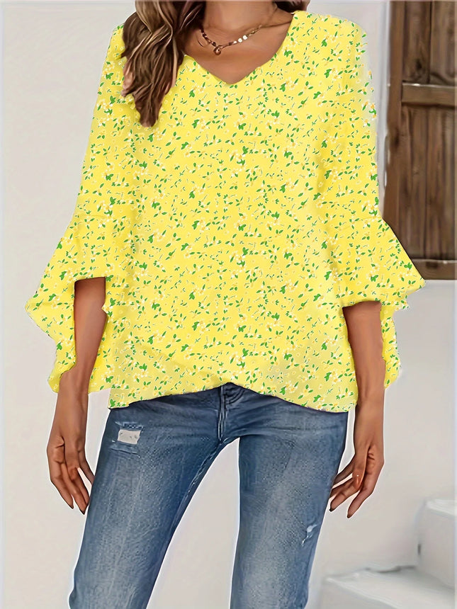 Plus Size Floral Ruffle Sleeve Top Women's V-Neck Boho Blouse Summer Beach Shirt Free Shipping