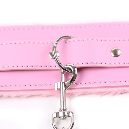 Faux Leather Plush Neck Choker Furry Collar with Metal Chain Drag Leash Lockable Harness BDSM Bondage Restraints  Sex Toys