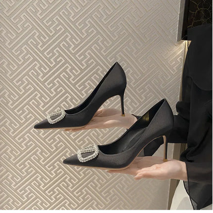 2025 New Women's Slim High-Heeled Pointed Toe Pumps with Rhinestone Buckle - Sexy Shallow-Cut Single Shoes