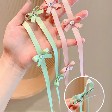 2PCS/Set Long Ribbon Bow Hair Clips for Girl Shiny Rhinestone Braided Hairband Sweet Baby Tassel Headdress Kids Hair Accessories